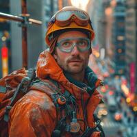 ai generiert Ingenieur Mann tragen ein Orange schwer Hut Weste. ein Mann ist gesehen tragen ein Helm und Brille wie schützend Ausrüstung während Stehen auf ein Stadt Straße. foto