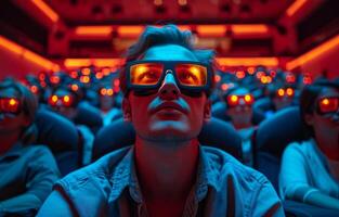 ai generiert ein Theater mit Menschen Sitzung. ein Mann tragen 3d Brille im ein Film Theater, völlig beschäftigt, verlobt im das fesselnd 3d Visuals auf das Bildschirm. foto