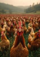 ai generiert ein groß Gruppe von Hühner. ein Foto Erfassen ein Vielzahl von Hühner versammelt zusammen im ein grasig Feld.