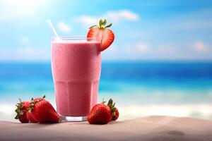 ai generiert Erdbeere Smoothie auf tropisch Strand foto