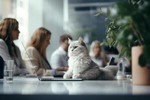 ai generiert Katze Sitzung auf Tabelle beim Geschäft Treffen foto