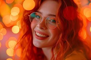 ai generiert rothaarig jung Mädchen im rot modisch modisch Brille auf das funkeln Pfirsich Hintergrund foto