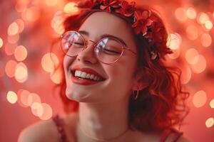 ai generiert rothaarig jung Mädchen im rot modisch modisch Brille auf das funkeln Pfirsich Hintergrund foto
