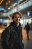 ai generiert jung Mann beim das Flughafen foto