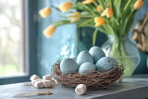 ai generiert Ostern festlich Frühling Tabelle Rahmen Dekoration, Eier im Nest, frisch Gelb Tulpen im Vase, Marshmallows, Gefieder, Familie Abendessen oder Frühstück Konzept foto