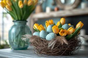 ai generiert Ostern festlich Frühling Tabelle Rahmen Dekoration, Eier im Nest, frisch Gelb Tulpen im Vase, Marshmallows, Gefieder, Familie Abendessen oder Frühstück Konzept foto