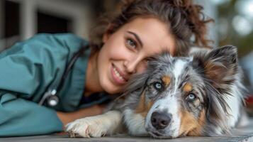 ai generiert Tierarzt im ein Veterinär Klinik mit Hund foto