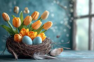 ai generiert Ostern festlich Frühling Tabelle Rahmen Dekoration, Eier im Nest, frisch Gelb Tulpen im Vase, Marshmallows, Gefieder, Familie Abendessen oder Frühstück Konzept foto