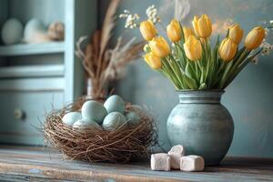 ai generiert Ostern festlich Frühling Tabelle Rahmen Dekoration, Eier im Nest, frisch Gelb Tulpen im Vase, Marshmallows, Gefieder, Familie Abendessen oder Frühstück Konzept foto