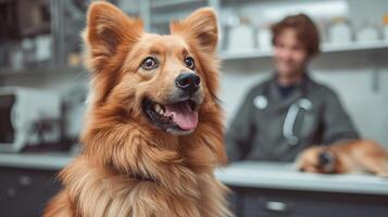 ai generiert Tierarzt im ein Veterinär Klinik mit Hund foto