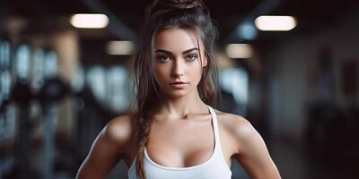 ai generiert passen sportlich Frau Mädchen weiblich Athlet beim Fitnessstudio Hintergrund im gut gestalten und Sport Outfit. Porträt Gesicht mit foto