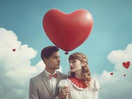 ai generiert ein romantisch Paar hält ein herzförmig Ballon in die Höhe gegen das Hintergrund von das Himmel. ai generativ foto