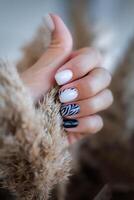 Frau Hand mit ein schön Quadratisch Maniküre. Herbst Trend, schwarz und Weiß Polieren mit ein Zebra Muster auf Nägel mit Gel Polieren, Schellack. foto