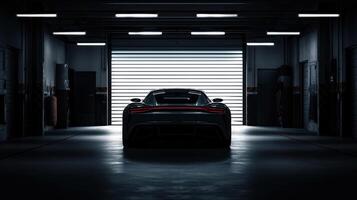 ai generiert Silhouette von generisch Sport Auto im dunkel Garage, zurück Sicht, Grube Fahrbahn Einstellung, dramatisch, filmisch Beleuchtung foto