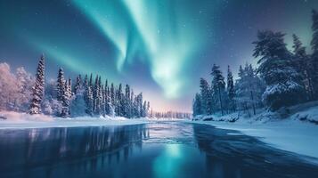 ai generiert ein atemberaubend Winter Landschaft beim Nacht beleuchtet durch das ätherisch tanzen von das Nord Beleuchtung reflektieren auf ein Ruhe Wald Fluss. foto