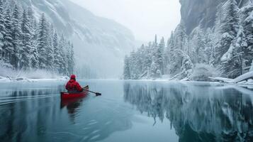 ai generiert Mann Kanusport auf halbgefroren See, Winter Szene, still, eisig Gewässer, intim Abenteuer foto