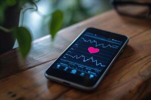 ai generiert Smartphone Handy, Mobiltelefon Telefon Anzeigen ein Herz Bewertung Überwachung App mit EKG Graph und Rosa Herz Symbol, platziert auf ein hölzern Oberfläche neben ein Pflanze. foto