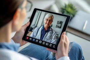 ai generiert Frau tragen Brille und ein Gesicht Maske Beratung mit ihr Arzt über ein Telemedizin Session auf ein Digital Tablette. foto