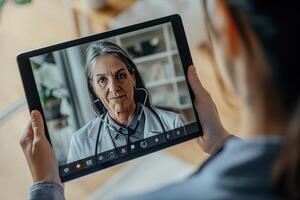 ai generiert geduldig einnehmend im ein virtuell medizinisch Beratung mit ein männlich Arzt angezeigt auf ein Tablette Bildschirm. foto