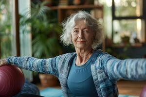 ai generiert Alten Dame Frau mit grau Haar durchführen Yoga erstreckt sich drinnen, fördern ein gesund Lebensstil. foto