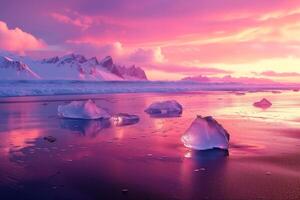 ai generiert Eisberge auf Islands schwarz Sand Strand unter ein bunt Sonnenaufgang, mit schneebedeckt Berge Hintergrund. foto