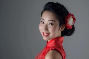 ai generiert Porträt Fotografie. asiatisch Chinesisch Frau lächelnd im traditionell cheongsam Qipao Kleid auf Weiß oder grau Hintergrund. Chinesisch Neu Jahr Festival Konzept. foto