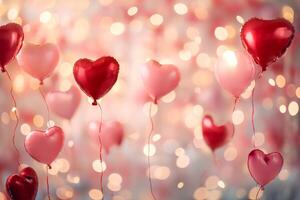 ai generiert ein wunderlich Valentinstag Tag Hintergrund, geschmückt mit schwebend rot und Rosa Luftballons geformt mögen Herzen foto