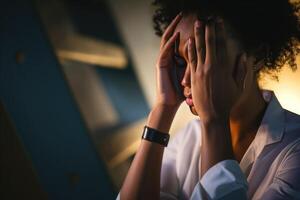 ai generiert deprimiert traurig ernst asiatisch Geschäft Frau haben stressig Depression traurig Zeit Arbeiten auf Laptop auf Büro Tisch. Depression Frau traurig Serie mental Gesundheit von Arbeiten Konzept. foto