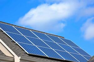 ai generiert Solar- Zelle Plattformen Eingerichtet auf Dächer und Gebäude effizient Shops Energie. das Grün und sauber Energie. Photovoltaik Solar- Paneele Dach zum produzieren sauber ökologisch Elektrizität. foto