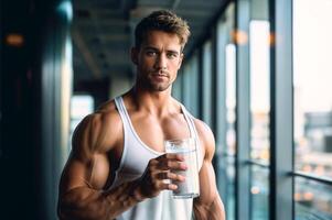 ai generiert ein muskulös Mann halten ein Glas von Protein trinken Ergänzungen zum besser Muskeln und suchen beim das Kamera. foto
