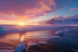 ai generiert Eisberge auf Islands schwarz Sand Strand unter ein bunt Sonnenaufgang, mit schneebedeckt Berge Hintergrund. foto