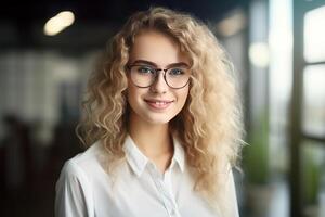 ai generiert schön jung Frau lockig blond Haar mit Spezifikationen Stehen im das Büro und lächelnd. Porträt von ein erfolgreich glücklich Geschäft Frauen im modern Brille auf ein Licht Hintergrund von Büro. foto