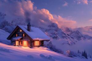 ai generiert ein gemütlich Berg Kabine beim Dämmerung, umgeben durch Schnee, mit warm Licht glühend von Fenster und Rauch steigend von das Kamin foto