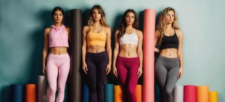 ai generiert ein Gruppe von Frauen im Sportbekleidung Stand im Vorderseite von Yoga Matten im ein Vielfalt von Farben. foto