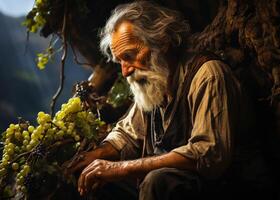 ai generiert ein alt Mann ist pflücken Trauben. ein Mann mit ein lange Bart Sitzung Nächster zu ein Bündel von Trauben foto