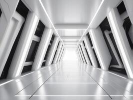 ai generiert lange Licht Gang modern Weiß Hintergrund futuristisch sci fi Dreieck Tunnel foto