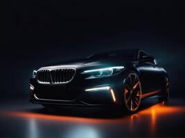 ai generiert schwarz generisch Sport Markenlos Auto auf ein dunkel Hintergrund foto