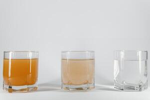 Filter System zum Wasser Behandlung mit Brille von sauber und schmutzig Wasser auf hell Hintergrund foto