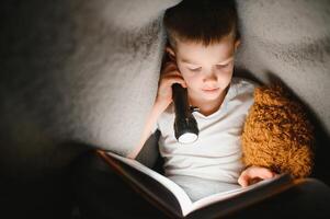 ein Junge von 5-6 Jahre alt ist lesen ein Buch im das Abend im das dunkel unter ein Decke mit ein Spielzeug tragen. foto