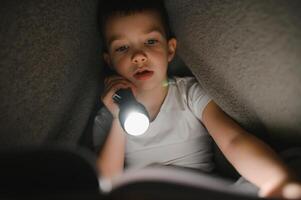 Buch lesen und Taschenlampe benutzen. kleiner Junge in Freizeitkleidung, der sich abends in der Nähe des Zeltes hinlegt foto