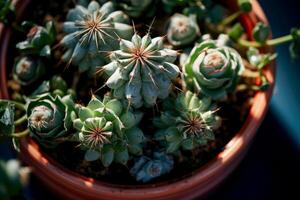 ai generiert saftig, Kaktus im ein Topf, oben Sicht. Pflege zum inländisch Pflanzen. unprätentiös Blume. foto
