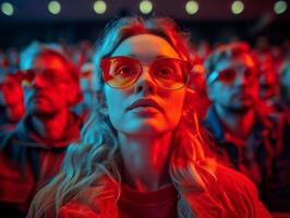 ai generiert Menschen im das Theater Aufpassen Film. ein Theater mit Menschen Sitzung und tragen 3d Brille foto