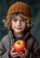 ai generiert jung Junge halten Apfel im Hände. ein jung Junge hält ein Apfel im seine Hände, mit ein aussehen von Neugierde und Freude auf seine Gesicht. foto