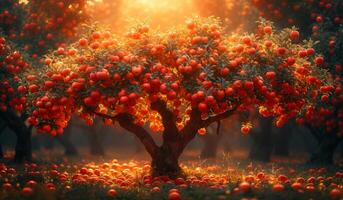 ai generiert Persimmon Baum mit reif Früchte auf Rasen im Obstgarten beim Sonnenuntergang. groß Apfel Baum mit ein Menge von reif Apfel foto