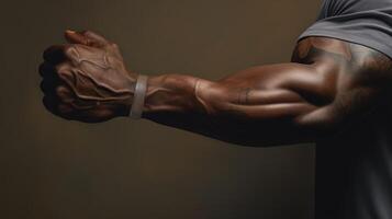 Bodybuilder Arm mit Muskeln, Bizeps und Venen auf solide Hintergrund. Sport, Fitness, Arm Ringen. ai generiert foto