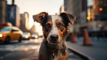 streunend Hund im das Stadt. ein wenig Hündchen im das Straße von Megapolis. hat verloren Tier. ai generiert foto