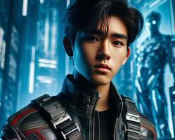 Konzept Bild von das asiatisch Teenager Junge tragen futuristisch Astronaut Outfit. sci fi foto