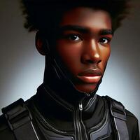 Konzept Bild von das afrikanisch Teenager Junge tragen futuristisch Astronaut Outfit. foto