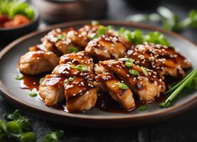 ai generiert Teriyaki Hähnchen mit Teriyaki Soße und Sesam Saat foto