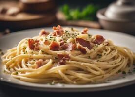 ai generiert Spaghetti Carbonara mit Speck und Parmesan auf ein Teller foto